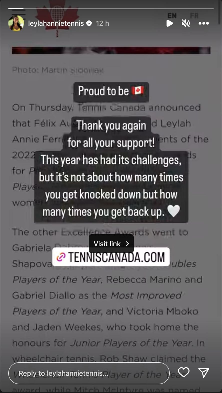 Leylah Fernandez&#039;s latest Instagram story.