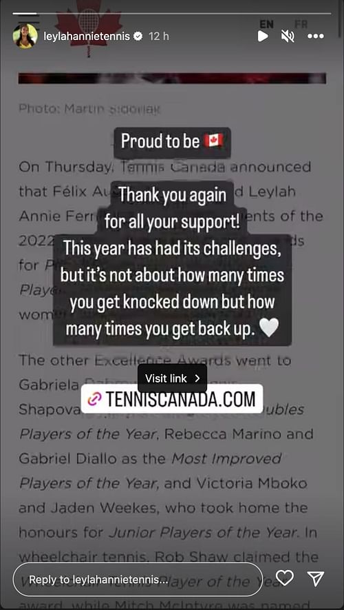 Leylah Fernandez's latest Instagram story.