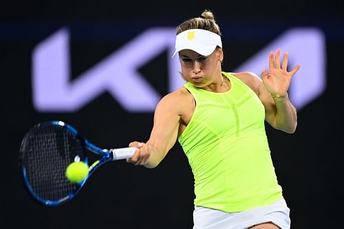 Yulia Putintseva strikes the ball at the 2023 United Cup