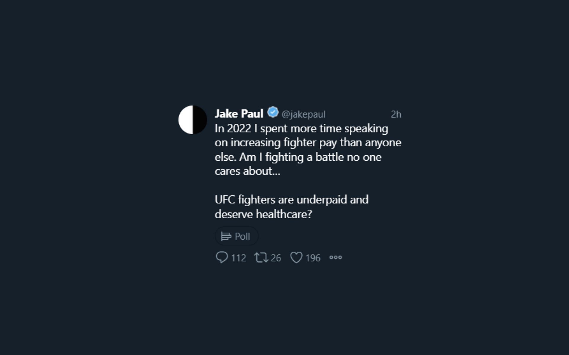 Jake Paul&#039;s deleted tweet on UFC fighter pay