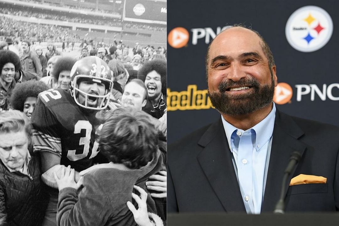 The late Steelers RB Franco Harris (r) and the Immaculate Reception (l)