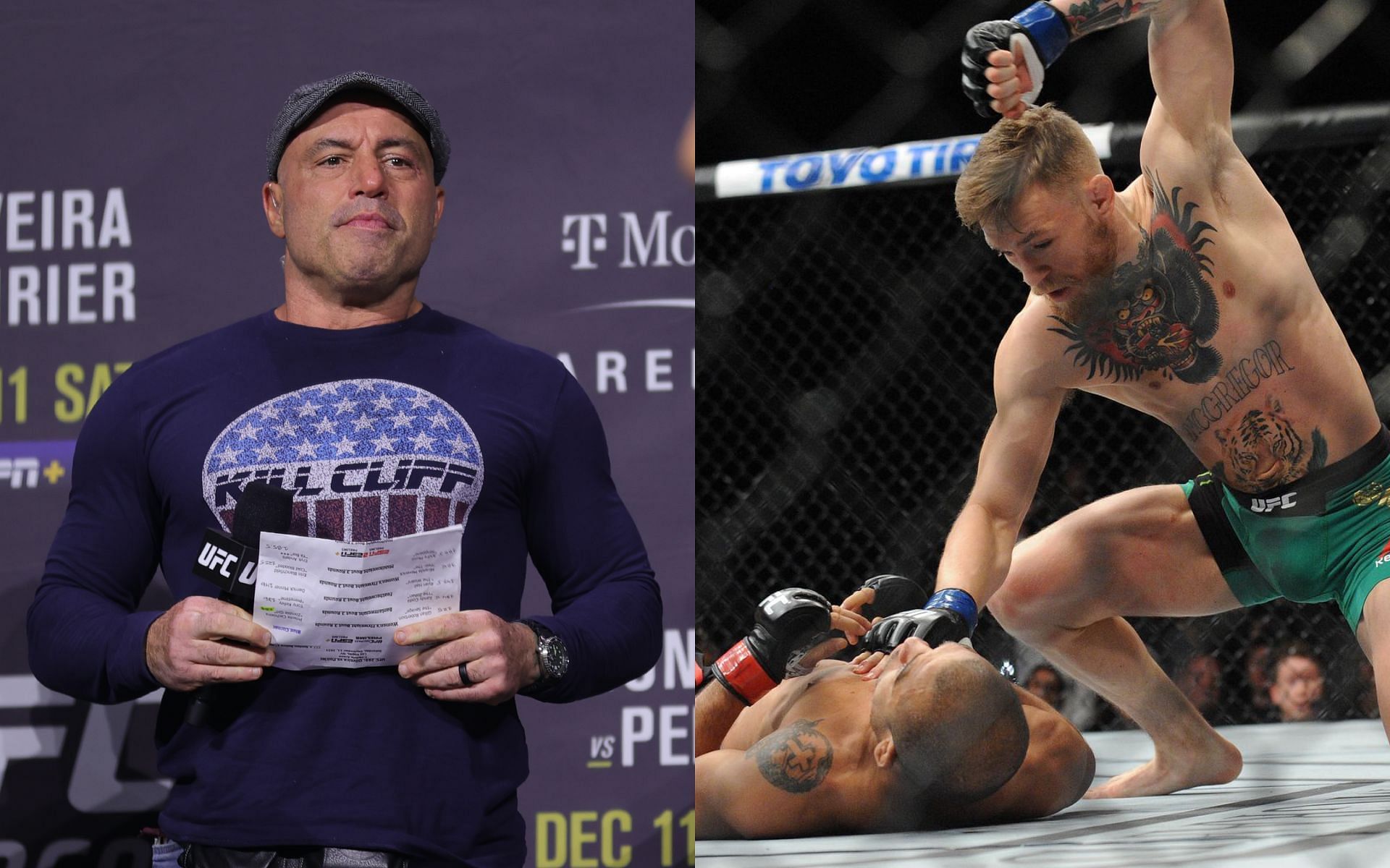 Joe Rogan (left) and Conor McGregor vs. Jose Aldo at UFC 194 (right) [Image Courtesy : Getty Images and Gary A. Vasquez-USA TODAY Sports via BloodyElbow]