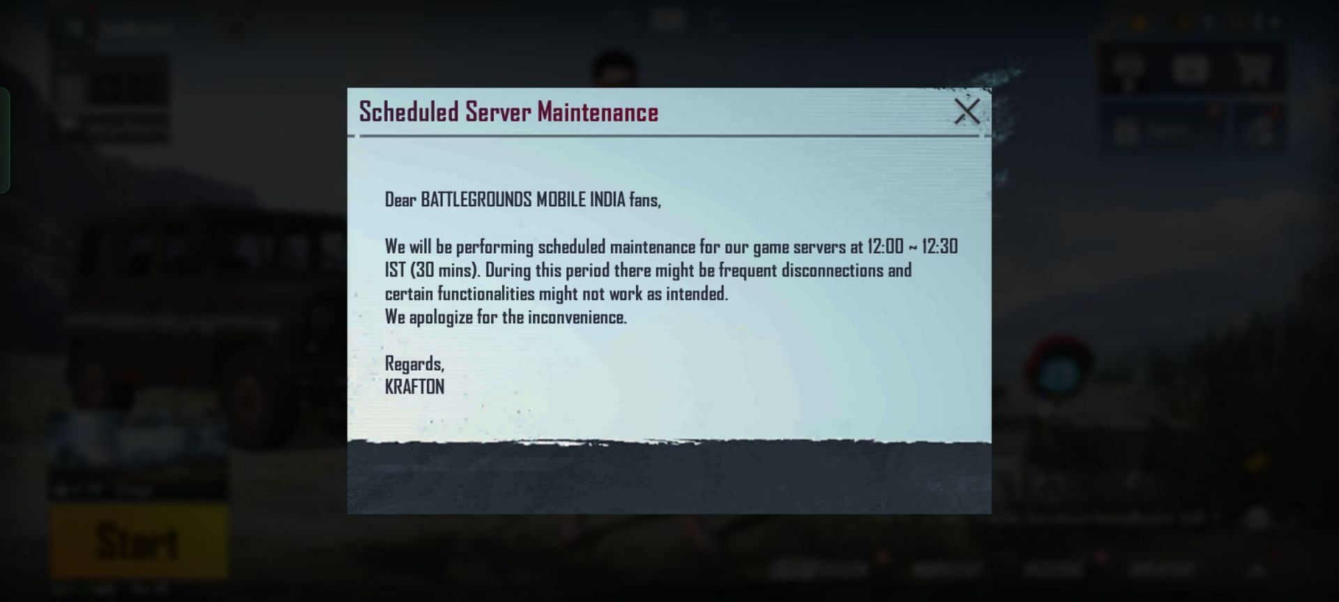 The message of scheduled server maintenance from Krafton (Image via Krafton)