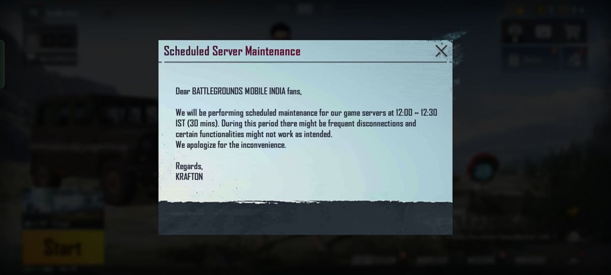 Server Maintenance Message New server maintenance schedule posted in BGMI despite game's ban