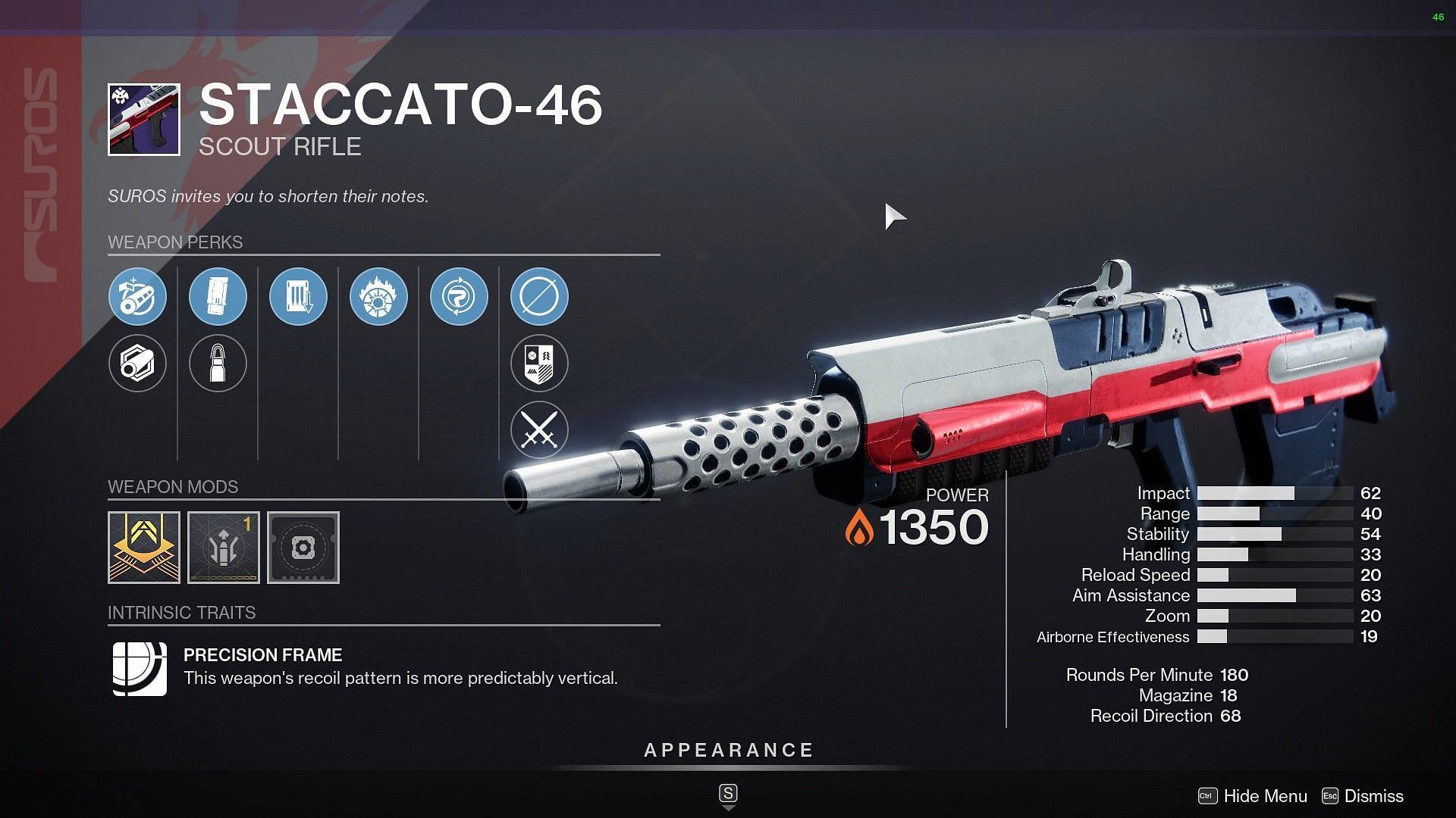 Staccato-46 Scout Rifle perks (Image via Destiny 2)