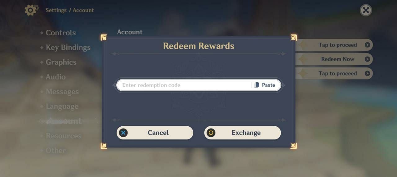 The window for redeeming Codes (Image via Genshin Impact)