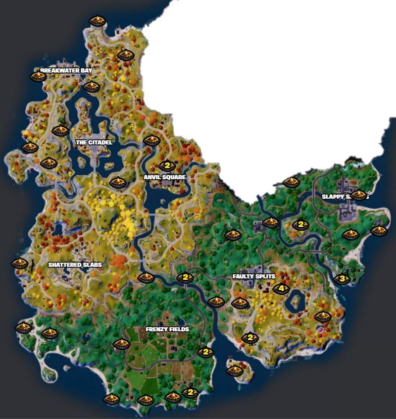 All Campfire locations in the Grassland Biome of the Chapter 4 Season 1 island (Image via Fortnite.GG)