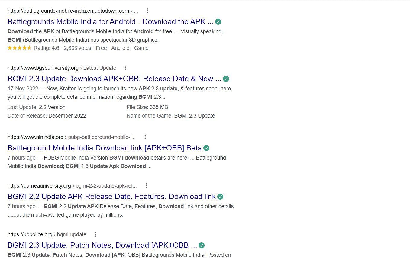 Multiple dubious download links for Battlegrounds Mobile India APK files are available online (Image via Google)