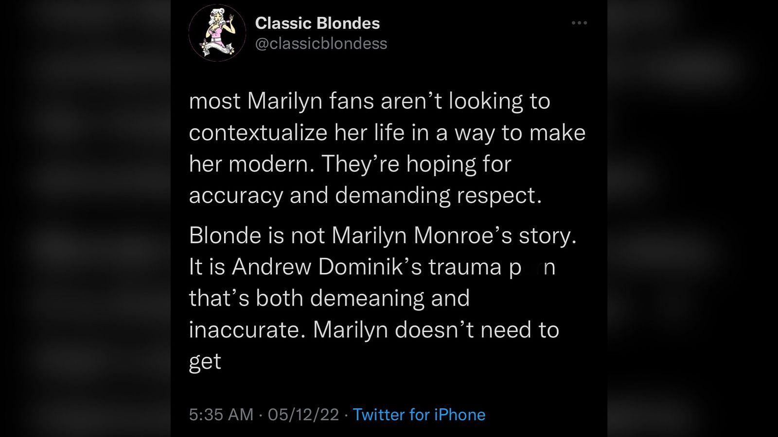 Screenshot of a Twitter user criticizing Blonde&#039;s director.