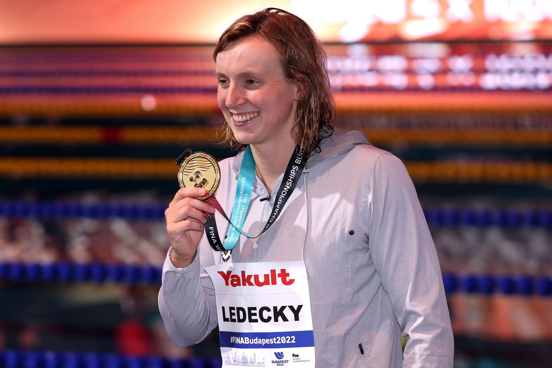 Gold medallist Katie Ledecky of Team United States poses for a photo during the medal ceremony for the Women&#039;s 800m Freestyle Final of the Budapest 2022 FINA World Championships