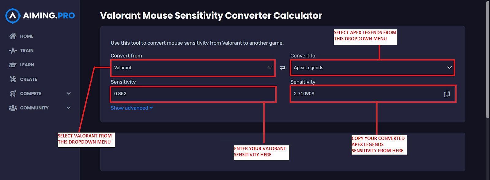 This is how players can convert their in-game sensitivity using AIMING.PRO (Image via AIMING.PRO)