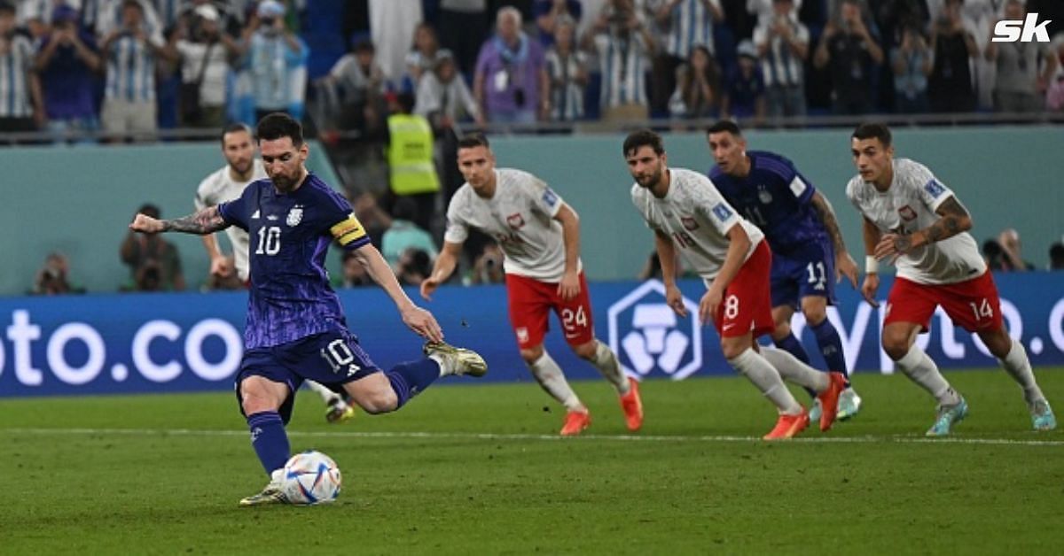 Messi reacts after missing penalty in win over Poland