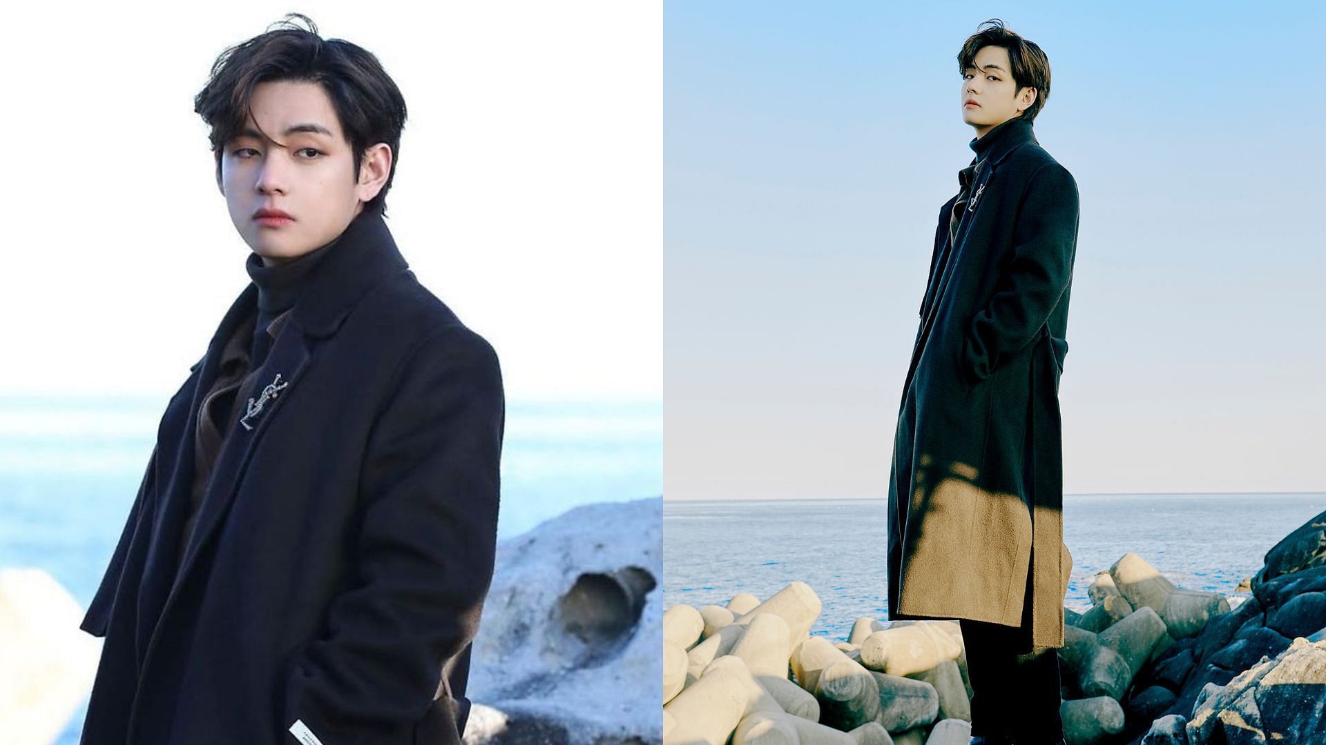 V looking straight out of a K-drama in his classy winter layered outfit for BTS&#039; 2021 Winter Package (Image via Twitter/@bts_twt)