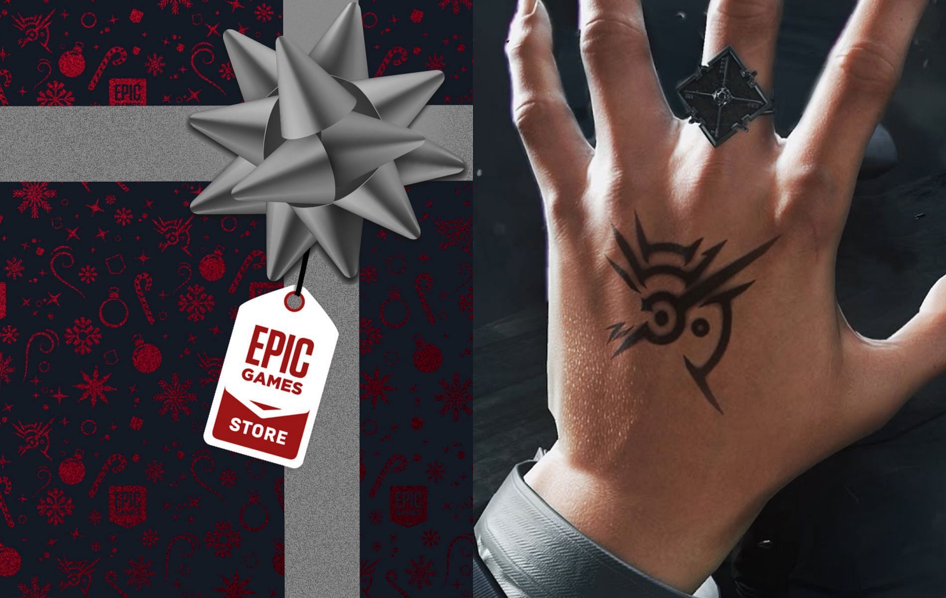 The Outsider&#039;s mark can be seen in the December 29 gift wrap on the Epic Games Store (Image via Epic Games Store/Bethesda)