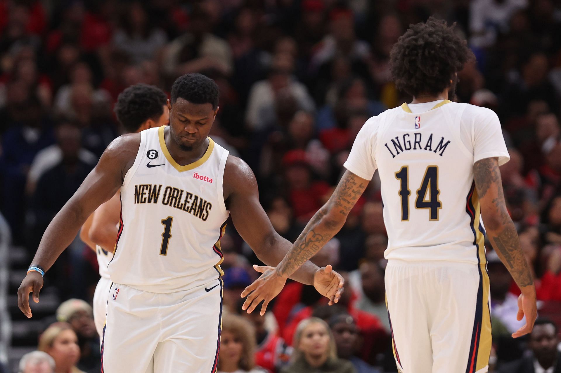 Zion Williamons, left, and Brandon Ingram of the New Orleans Pelicans