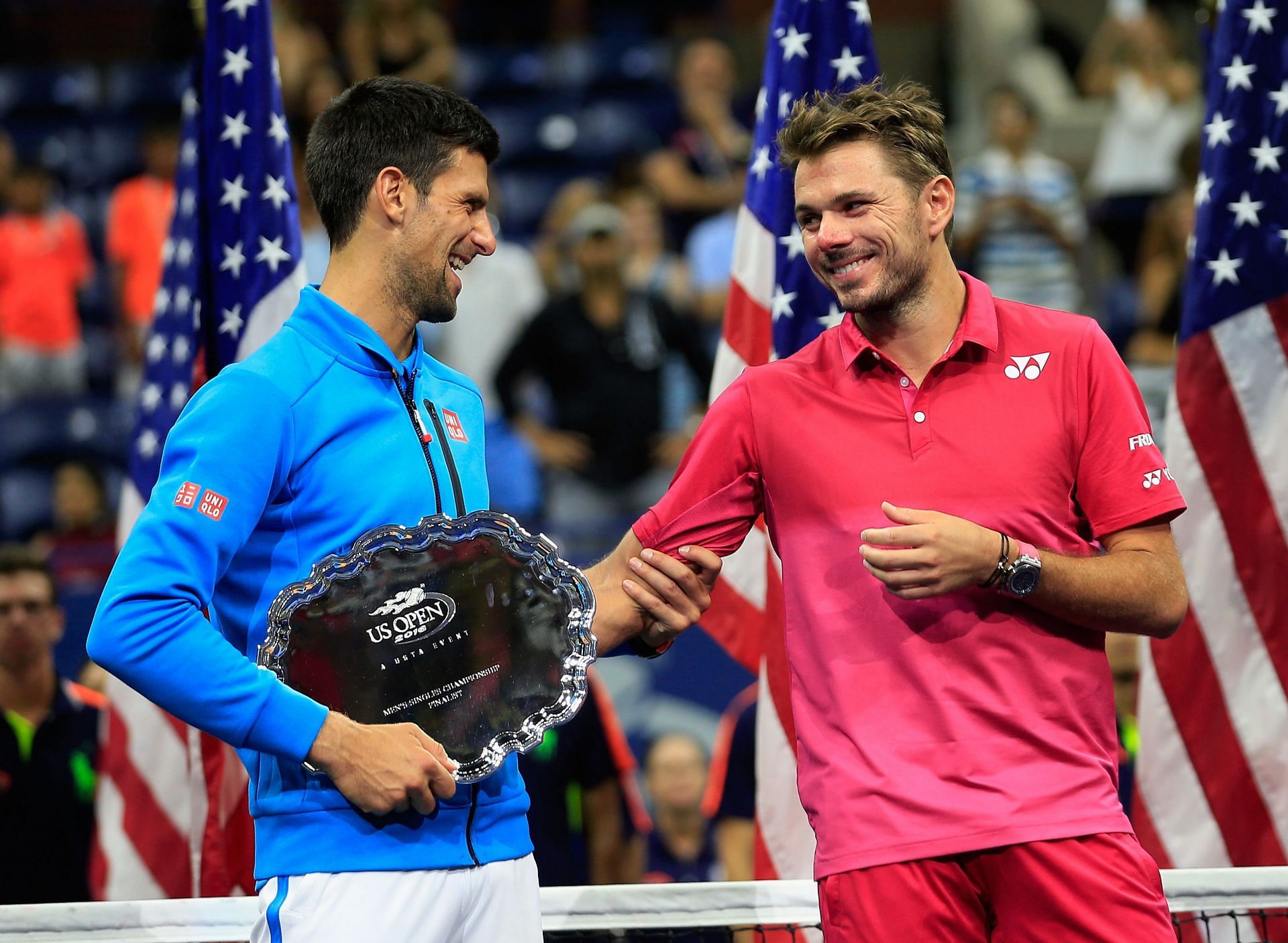 Novak Djokovic and Stan Wawrinka are all smiles during the US Open 2016 championship ceremony
