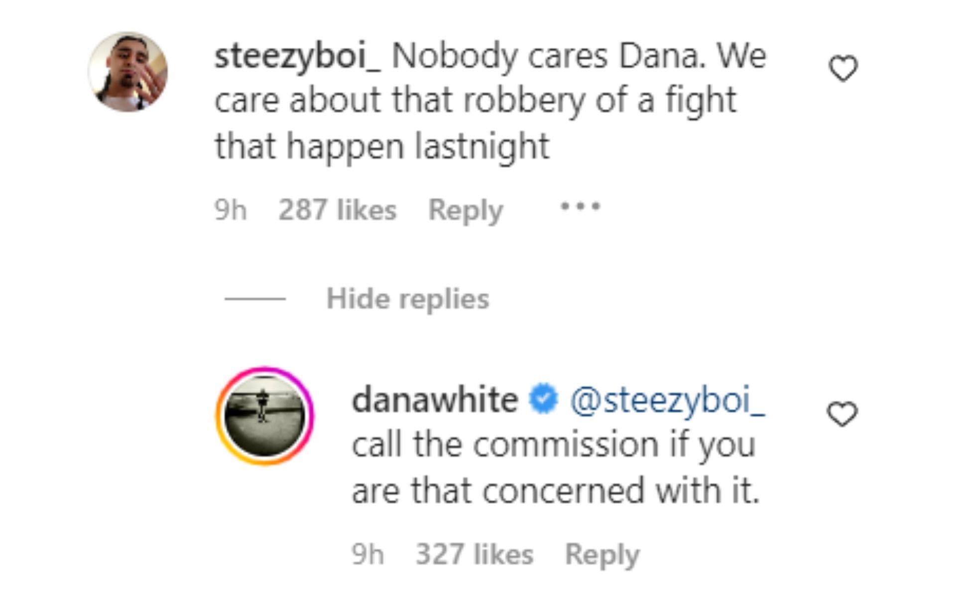 Dana White responding to a fan on Instagram