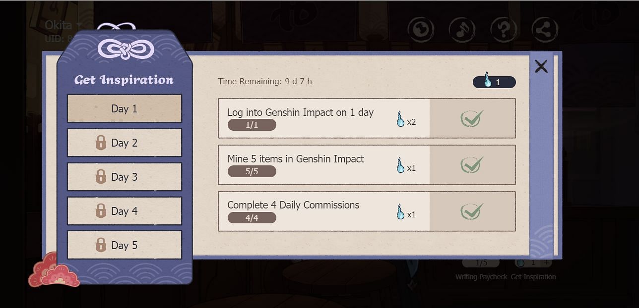 Perform daily tasks in the game to get Inspiration to unlock Youkai Themes (Image via HoYoverse)