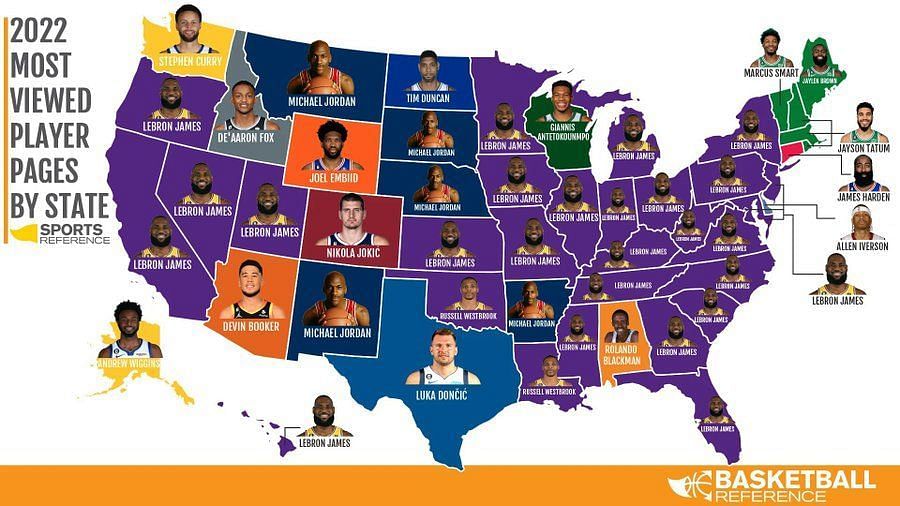 NBA players with the most viewed pages on Basketball Reference in each US state in 2022