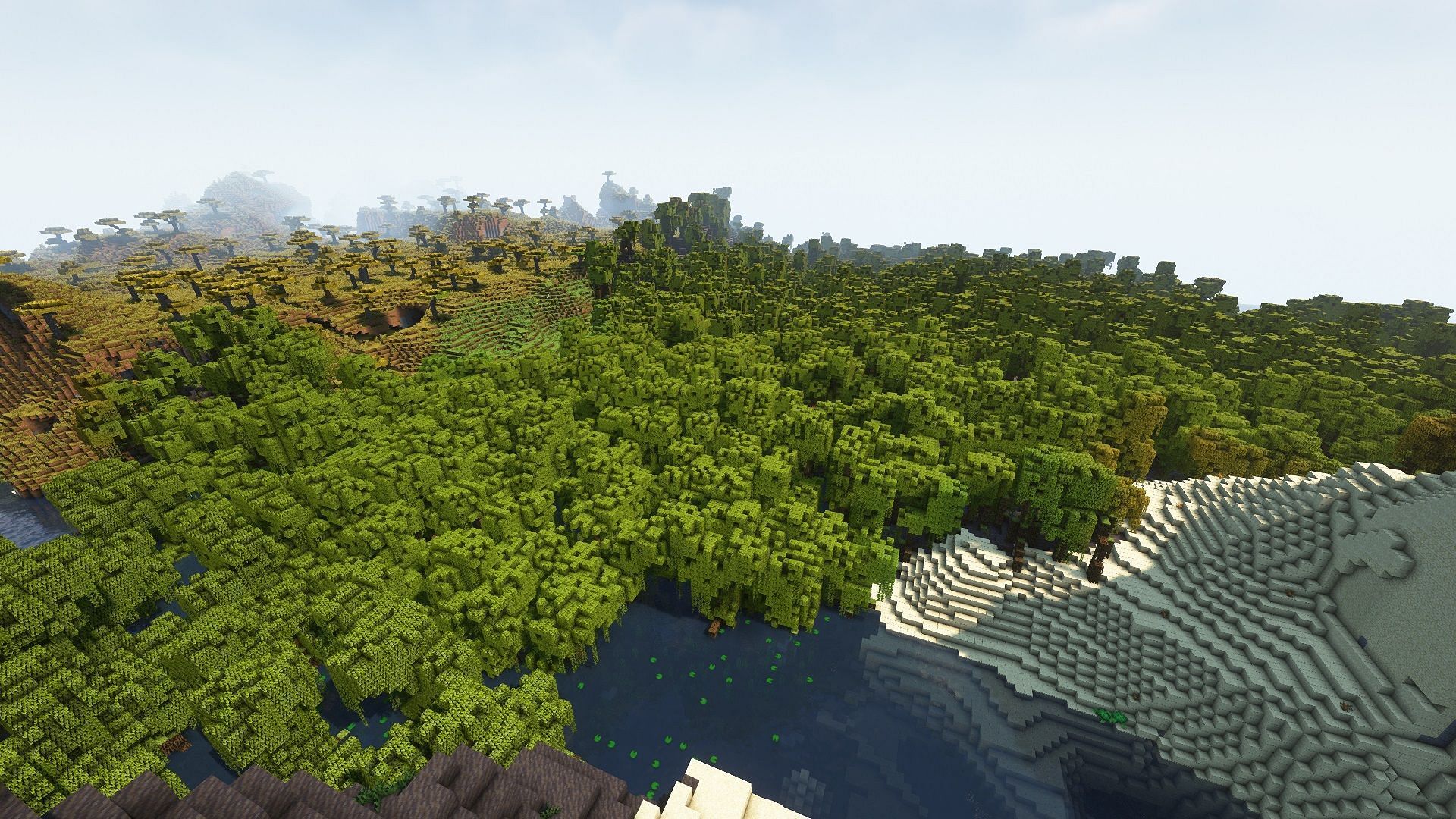 Minecraft seed: Mangrove swamp, jungle and mutated savanna close