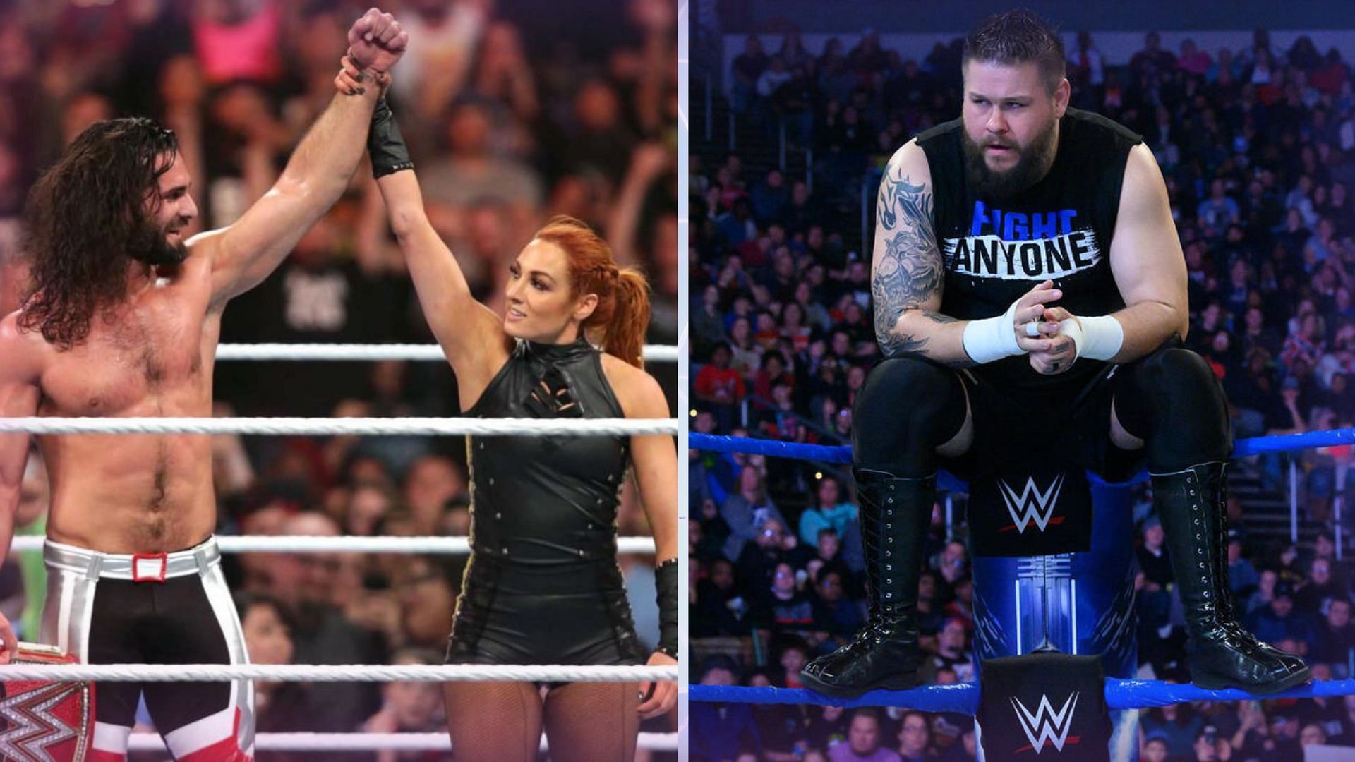 WWE Superstars Seth Rollins, Becky Lynch, and Kevin Owens