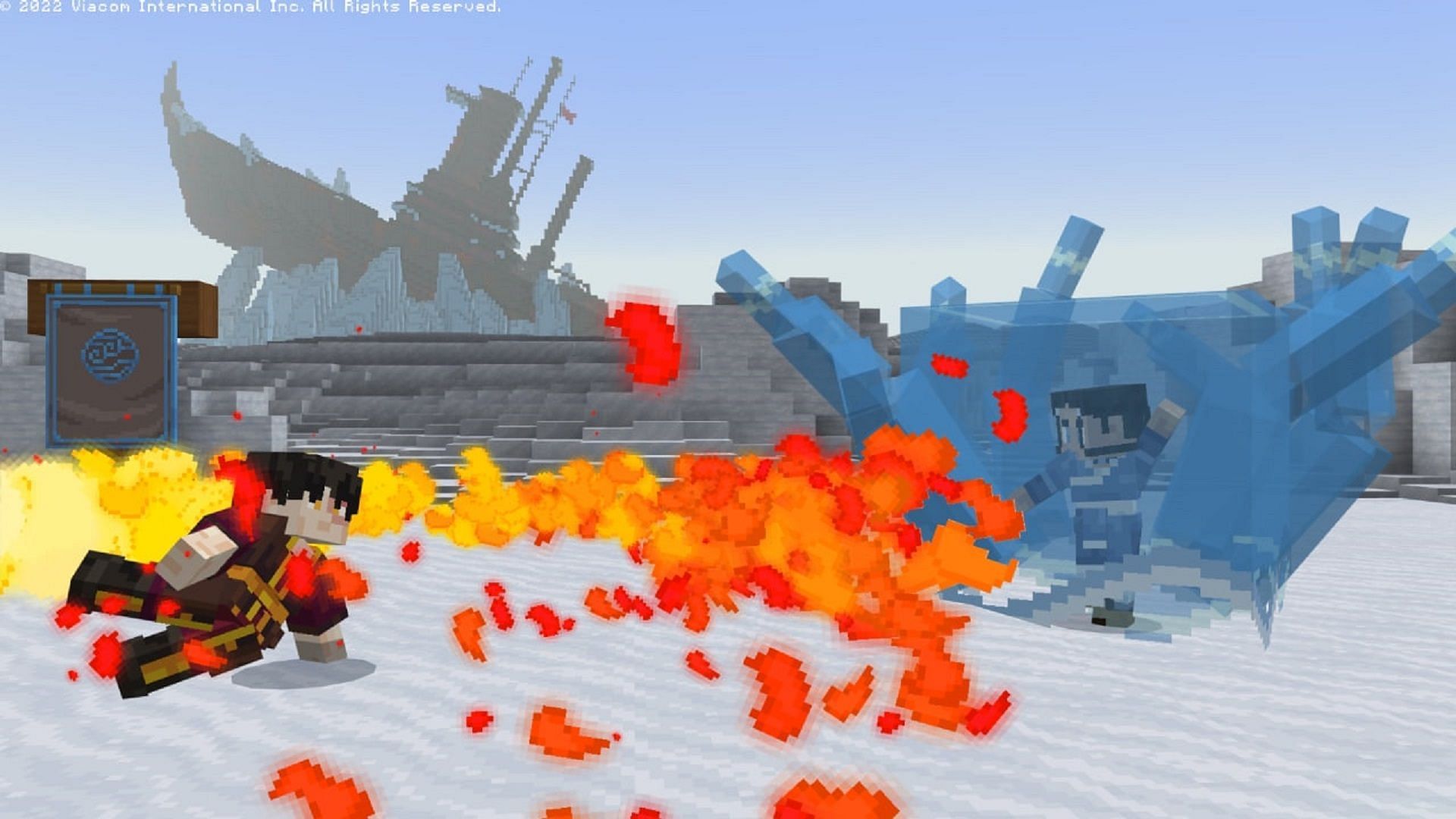 Zuko and Katara face off in battle in Minecraft&#039;s Avatar Legends DLC (Image via Mojang)