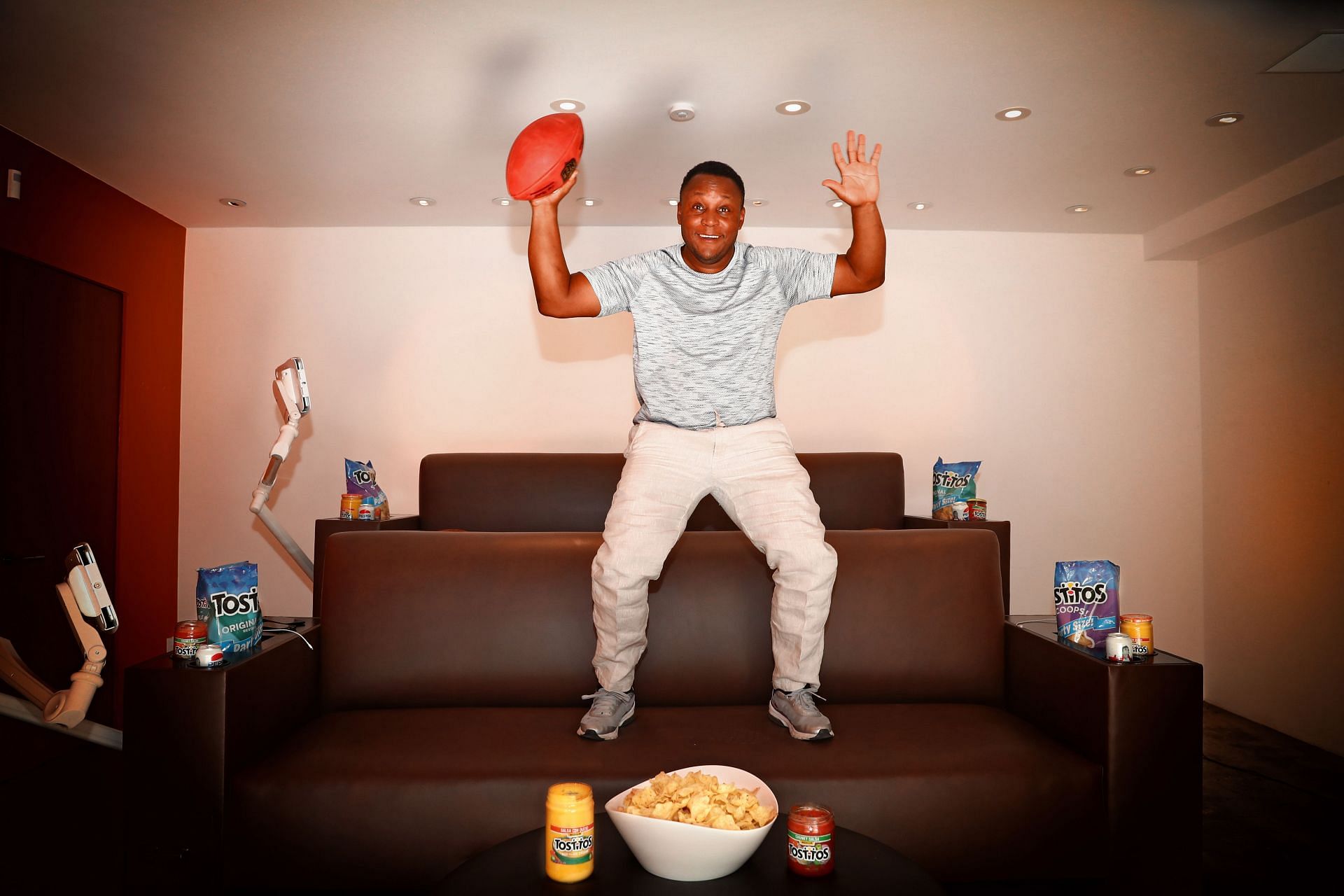 Former NFL Legend Barry Sanders has perfected the art of the Homegate and the Tostitos Stadium Sofa takes viewing parties to the next level on August 31, 2018