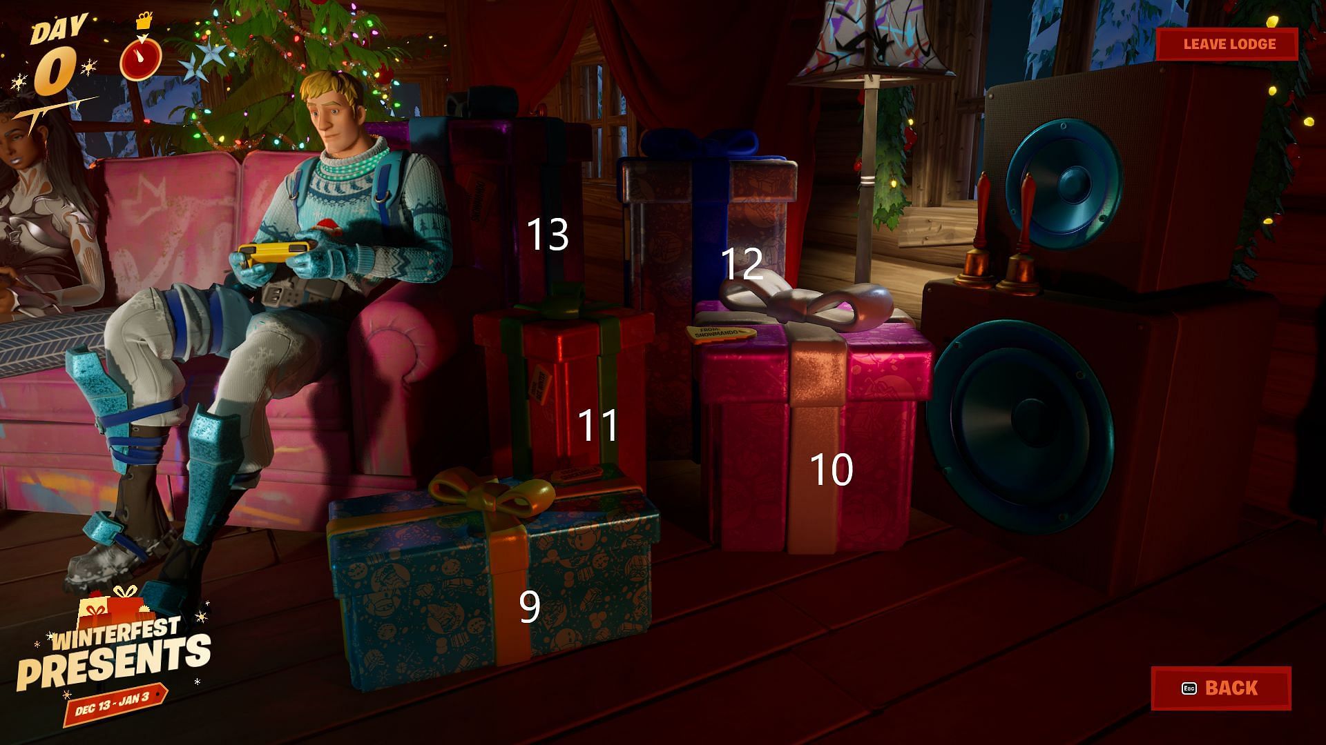 Five presents are located on the right-hand side of the room (Image via Epic Games)