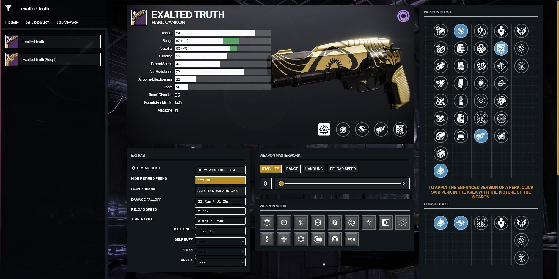 Exalted Truth god roll for Destiny 2 PvE (Image via D2gunsmith)