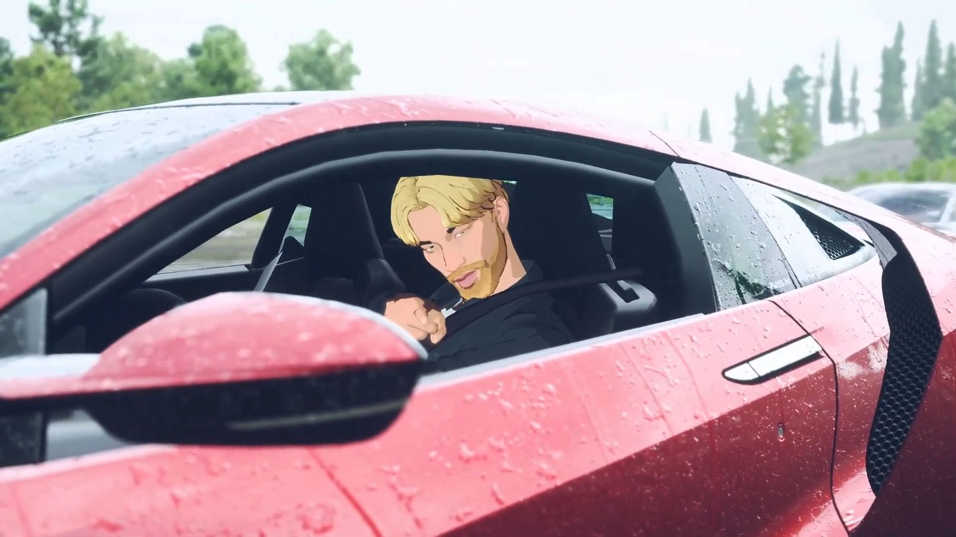 The in game character getting ready for a race with the Acura NSX (Image via YouTube/Jacked Crow)