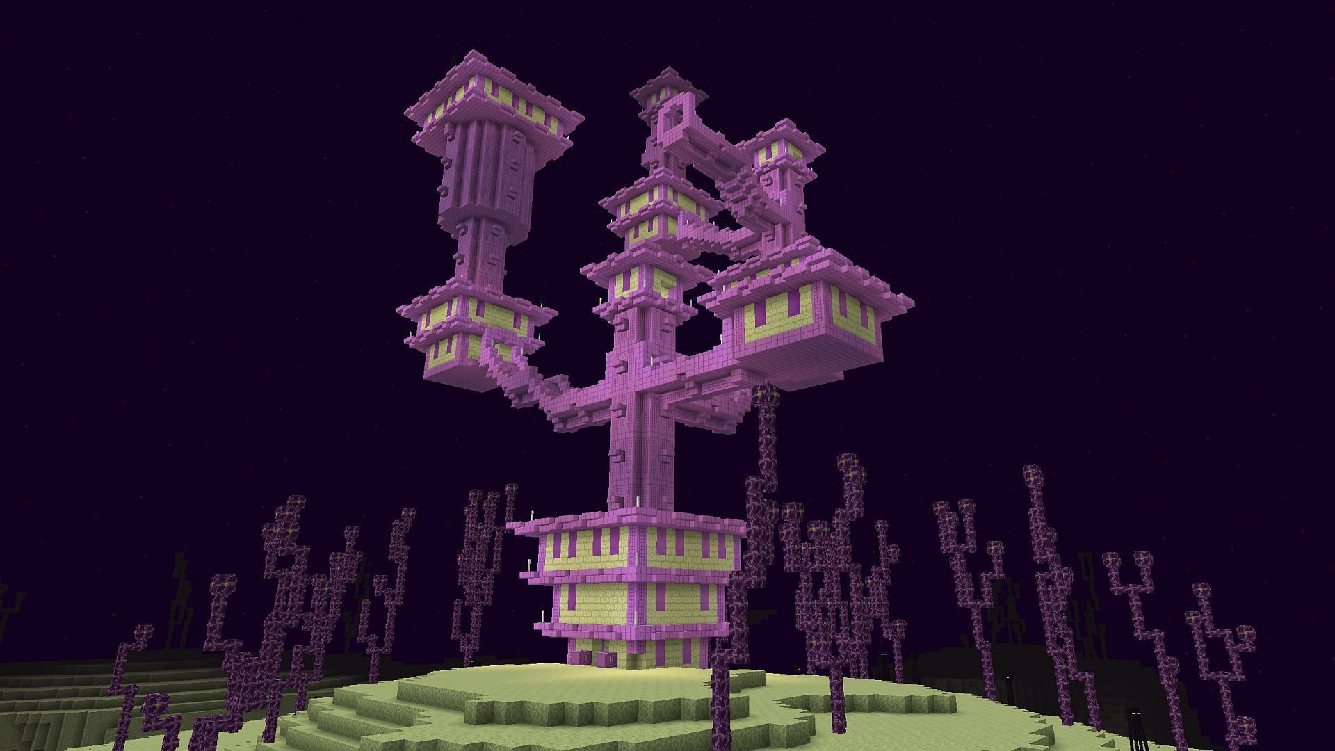 An end city as seen in the Bare Bones texture pack for Minecraft (Image via Robotpant/CurseForge)