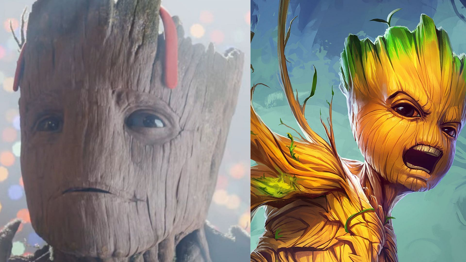 Left: Groot in Guardians of the Galaxy Holiday Special (image via Marvel Studios), Right: Groot Fan Art (image via RamzyKamen)