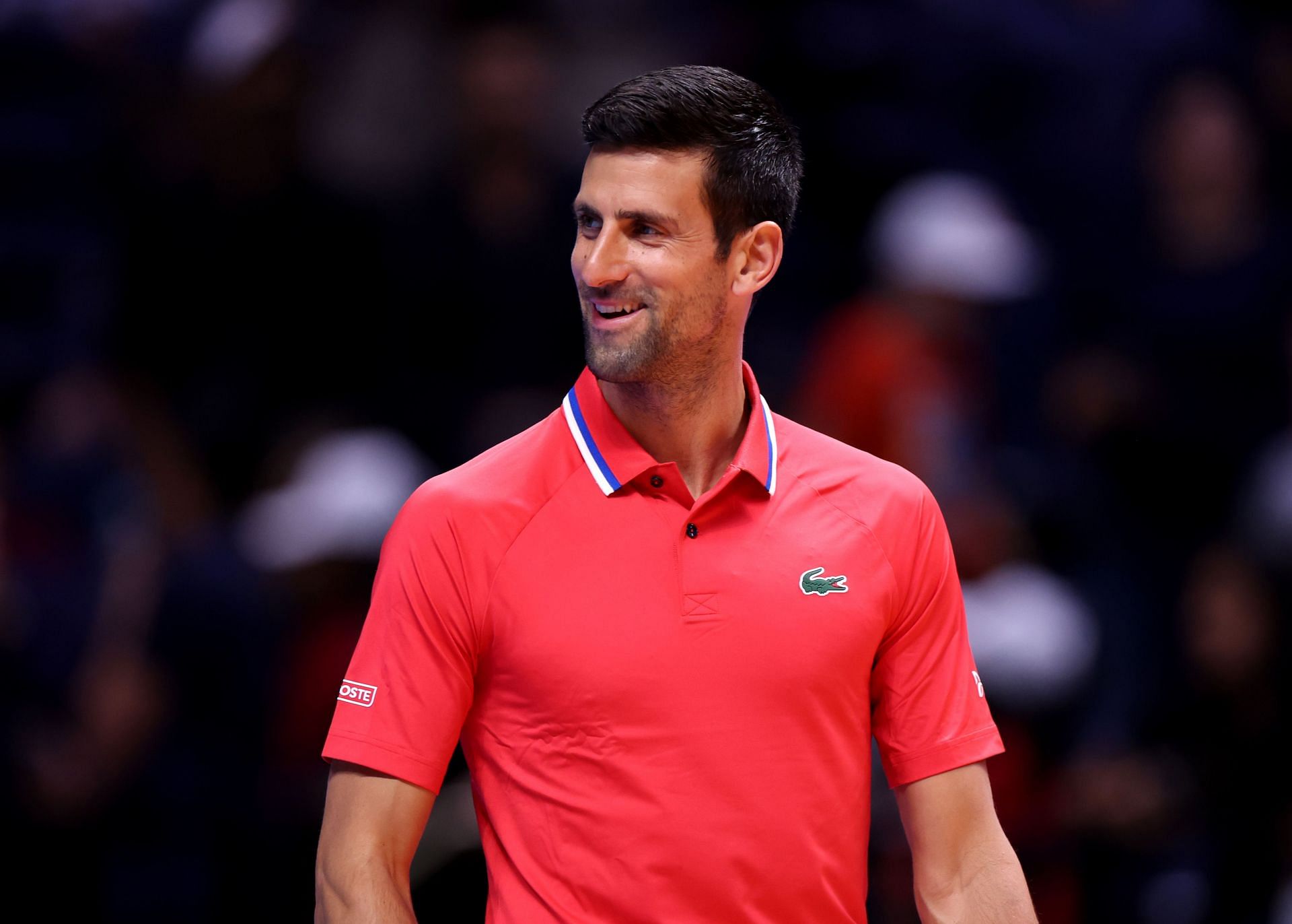 Novak Djokovic of Falcons reacts against Alexander Zverev of Hawks at the World Tennis League