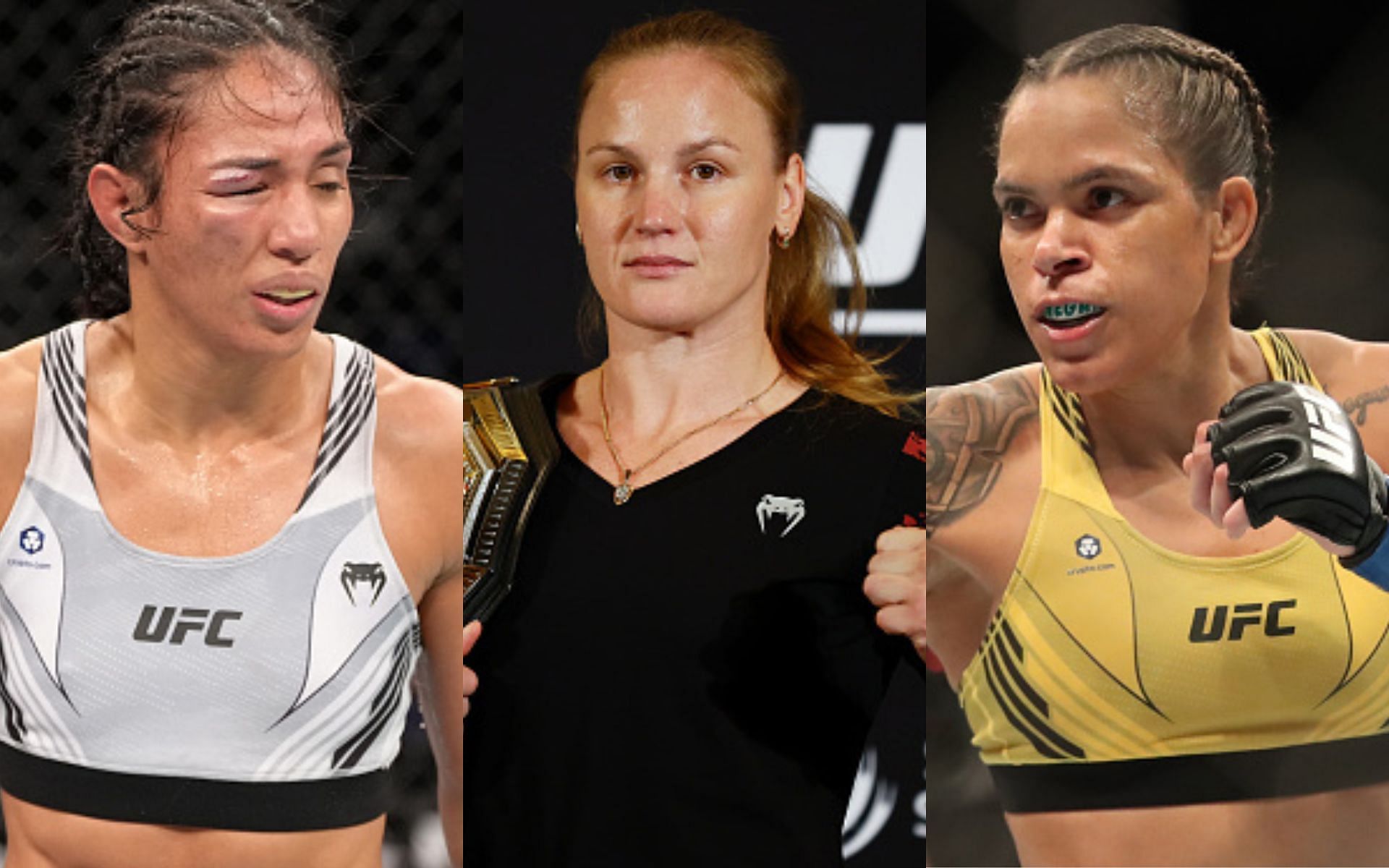 Taila Santos (left), Valentina Shevchenko (middle), Amanda Nunes (right)