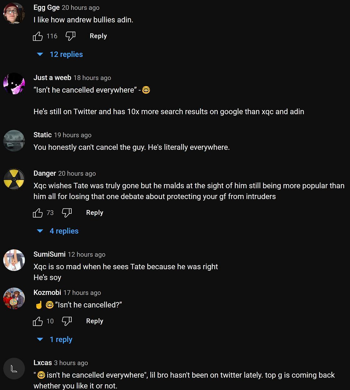 Fans in the YouTube comments section reacting to the streamer&#039;s take on Adin Ross and Andrew Tate&#039;s livestream (Image via xQc Clips/YouTube)