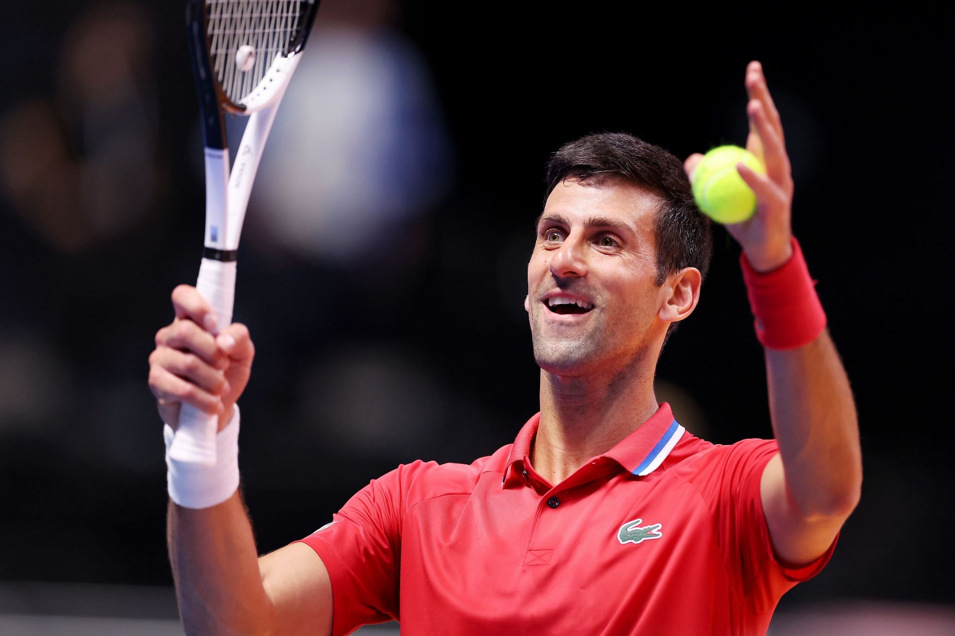 Novak Djokovic of Falcons reacts while playing against Sebastian Ofner of Kites at the World Tennis League