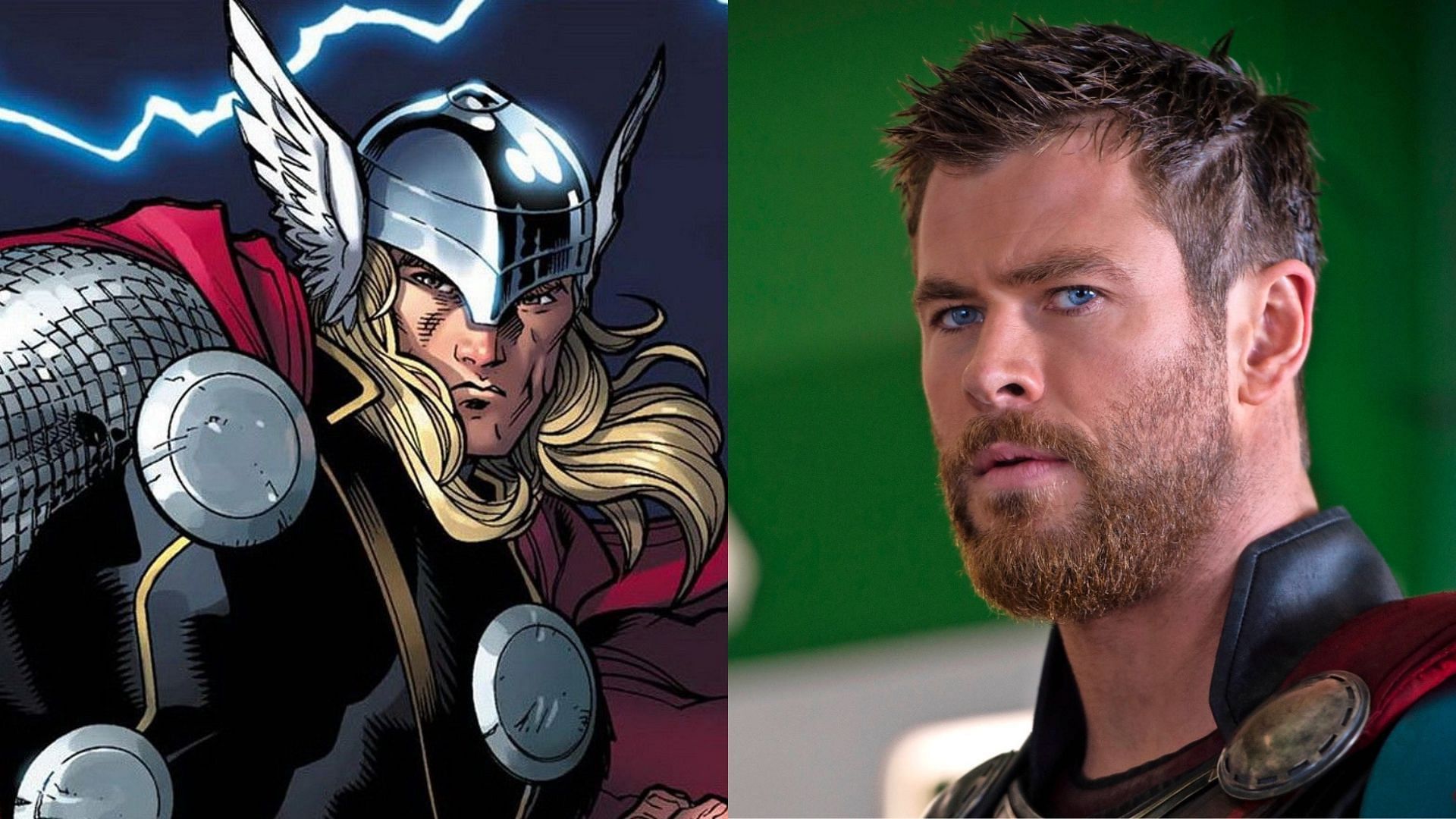 Left: Thor in comics, Right: Thor played by Chris Hemsworth in the MCU (Images via Marvel)