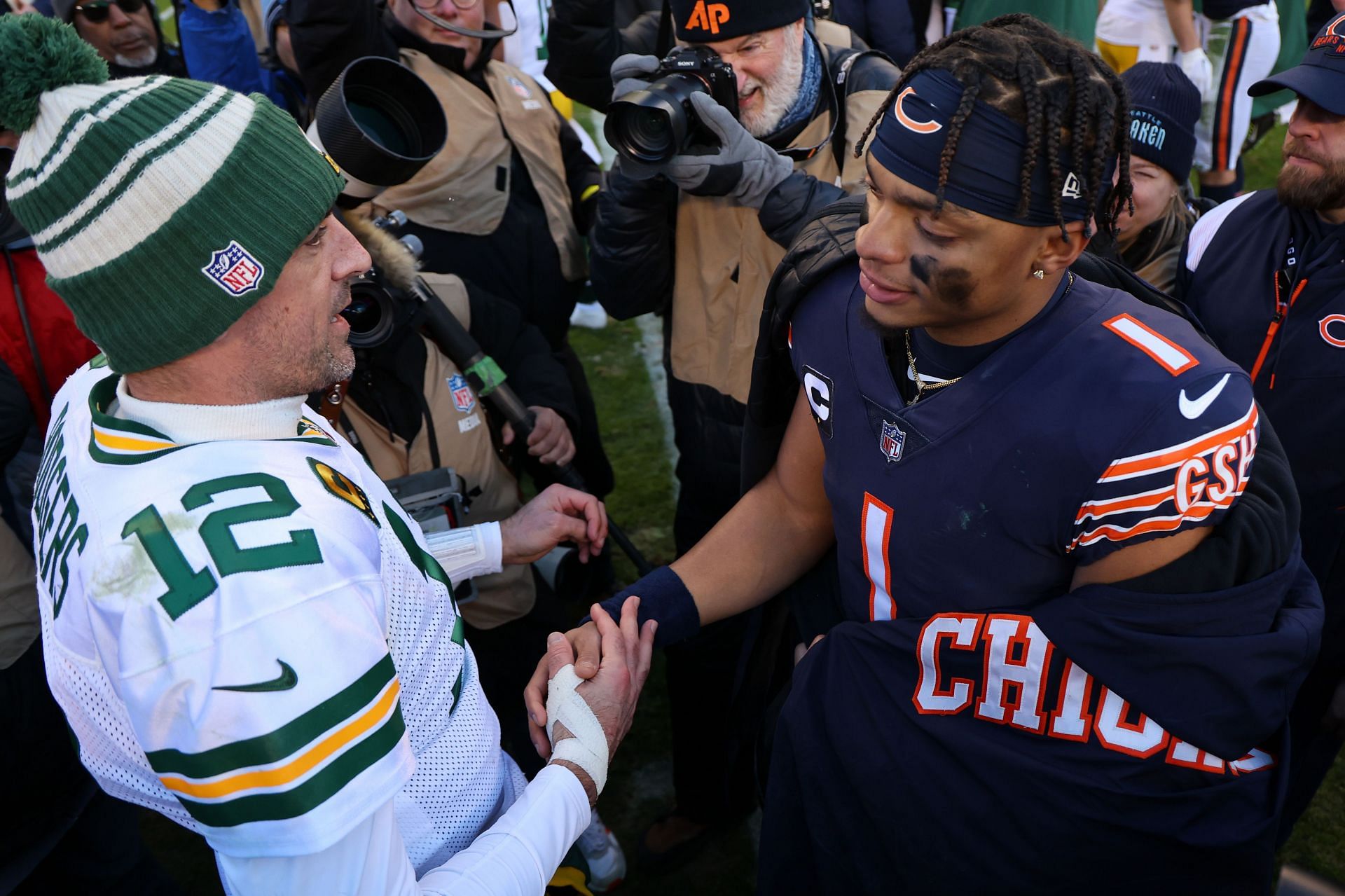 Aaron Rodgers and Justin Fields after Sunday&#039;s game