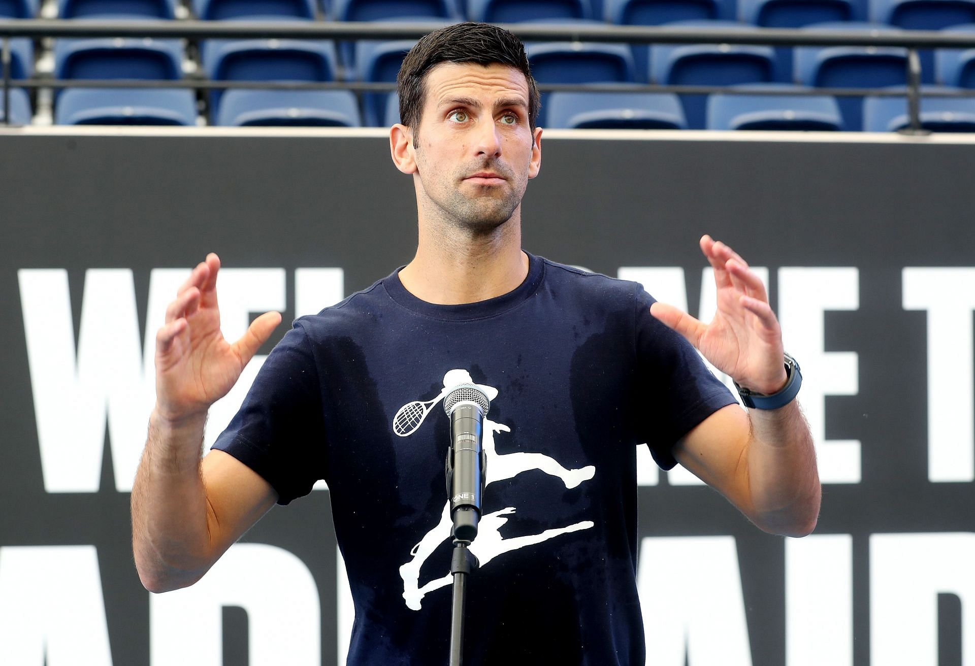 Novak Djokovic speaking to the media in Adelaide