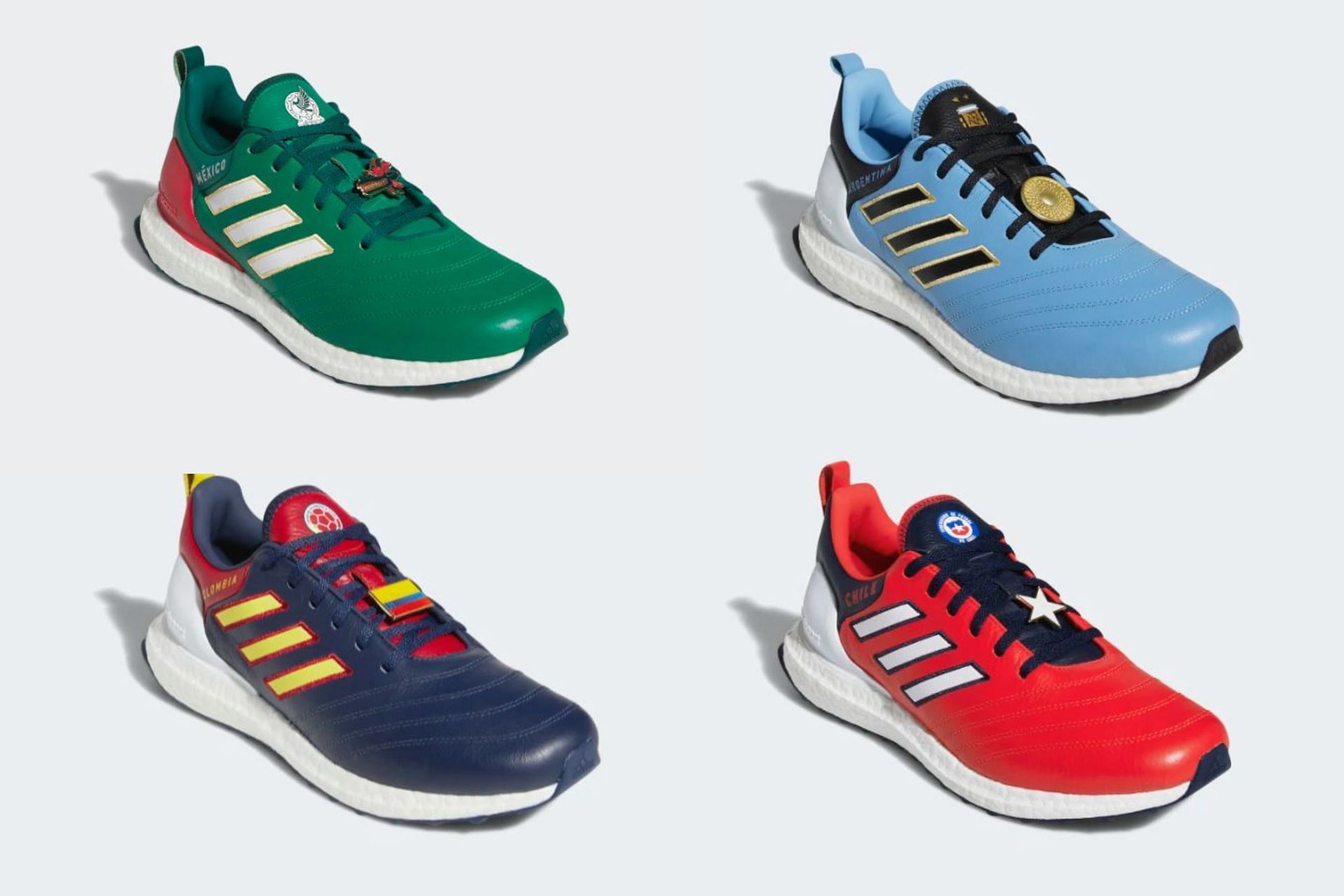 Here&#039;s a detailed look at the four colorways offered under the latest UltraBoost DNA x Copa World Cup sneaker pack (Image via Sportskeeda)