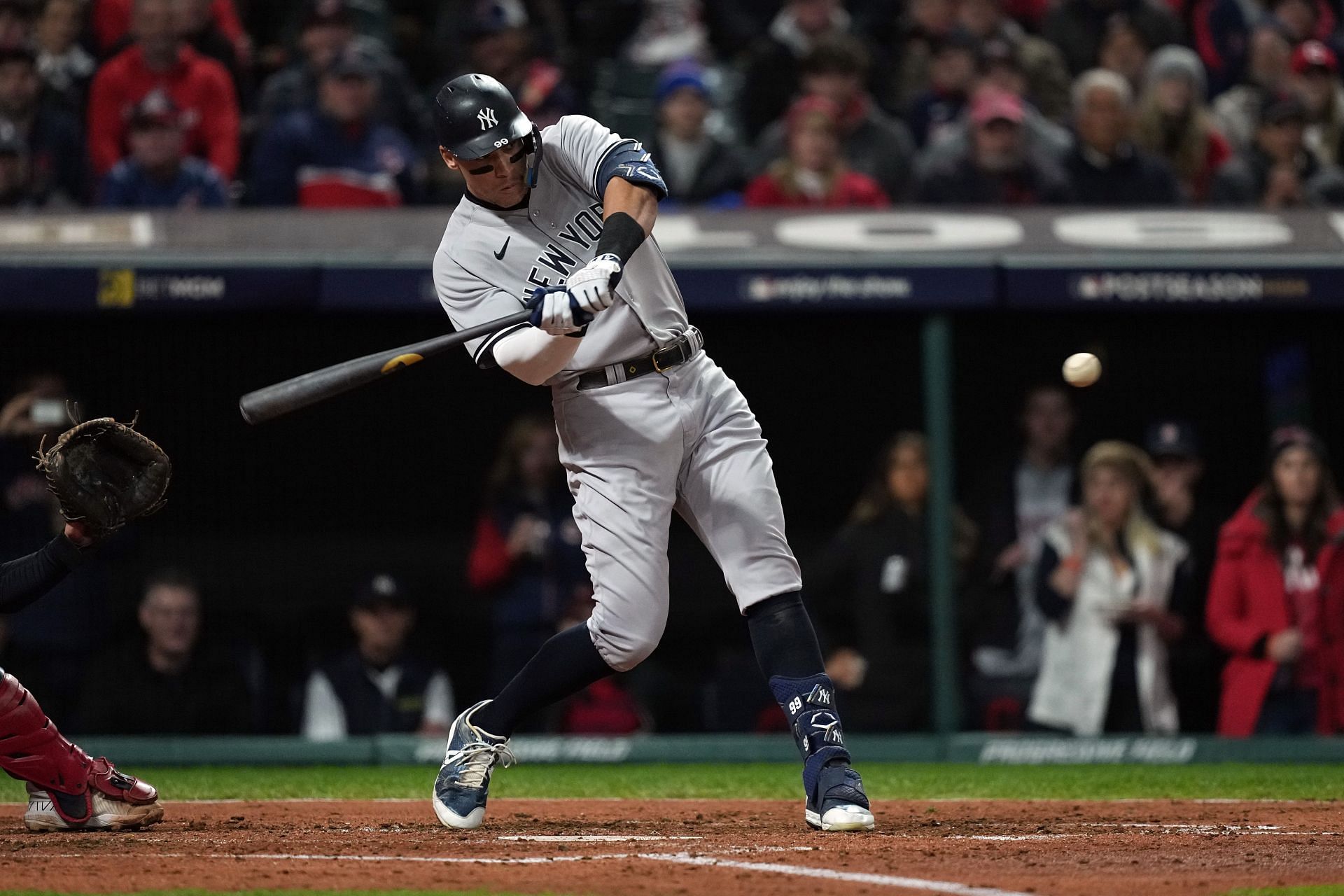 Aaron Judge hits a home run against the Cleveland Guardians in game three of the ALDS at Progressive Field