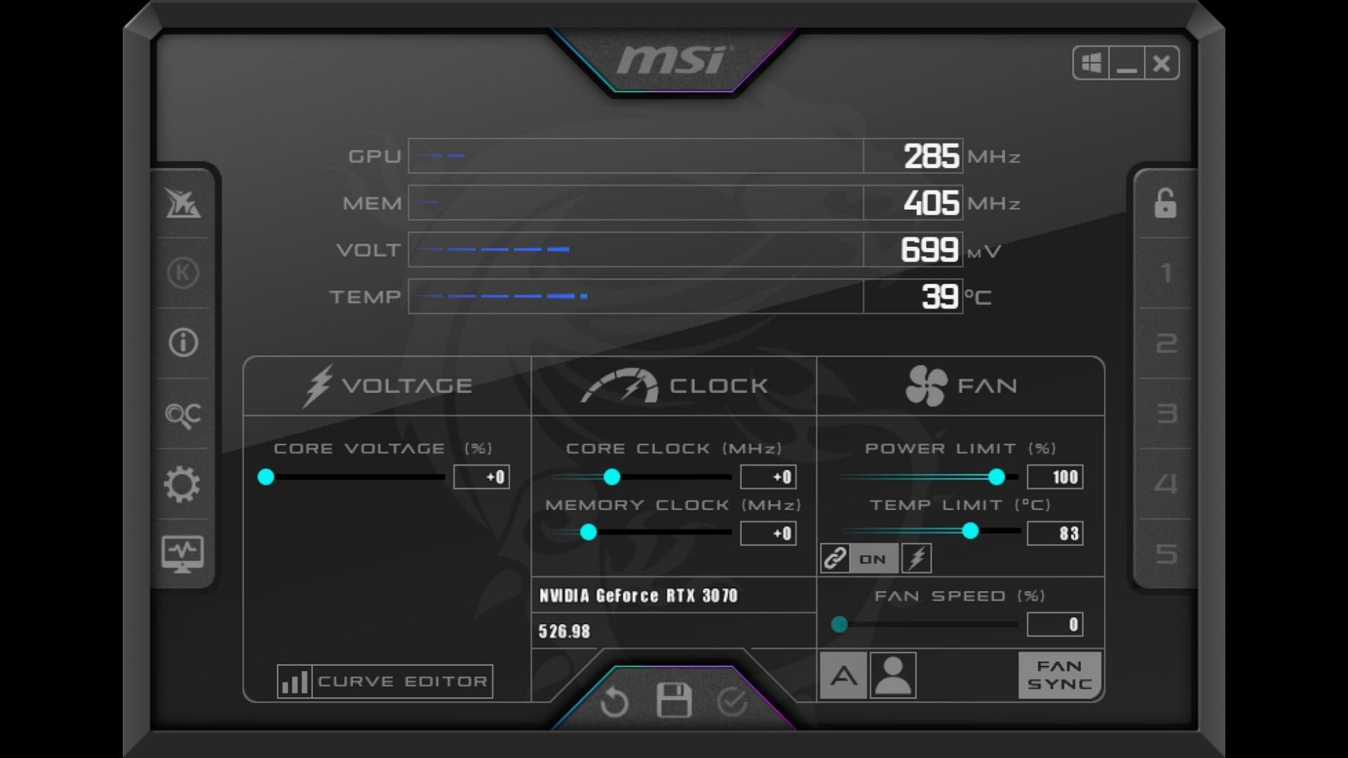 The user interface of MSI Afterburner (Image via Sportskeeda)