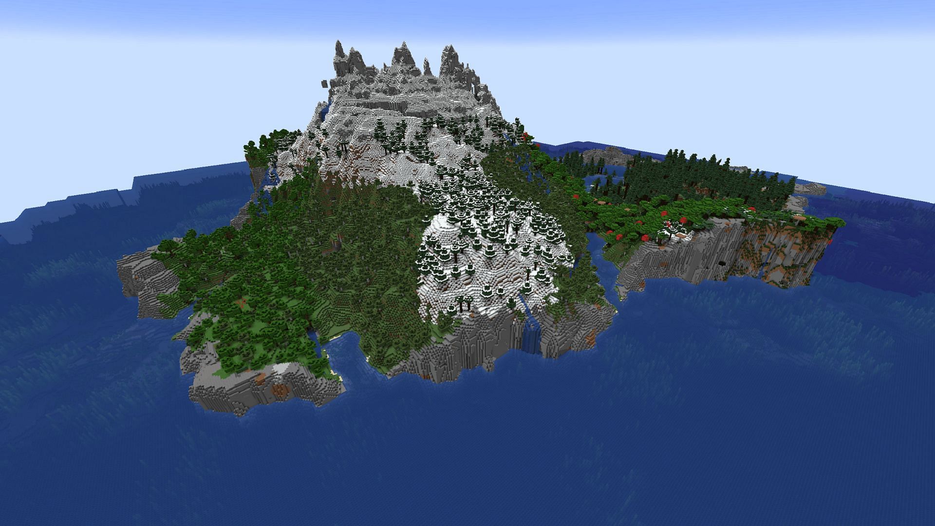 This seed&#039;s survival island is rife with snow, thanks to a frozen peaks biome (Image via u/Beefy_Nad/Reddit)