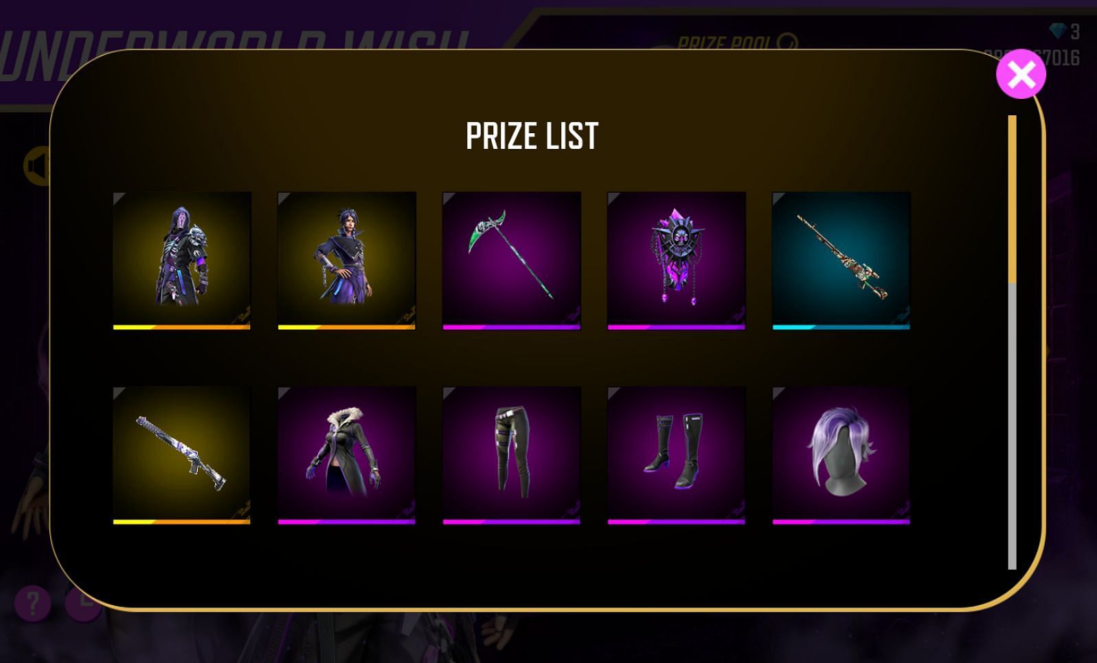 Prize list of the Underworld Wish event (Image via Garena)