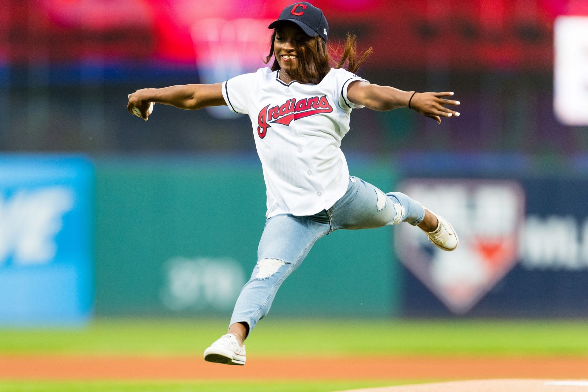 Biles throws the first pitch Baltimore Orioles v Cleveland Indians, 2017 (Photo by Jason Miller/Getty Images)