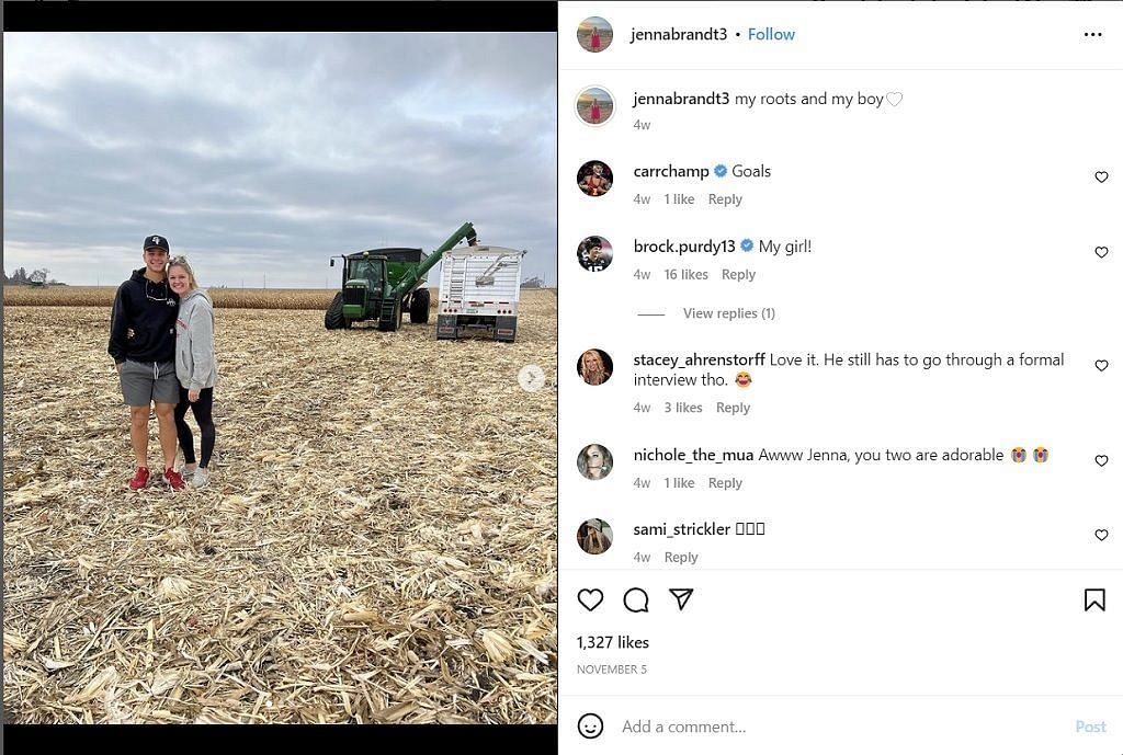 Jenna Brandt makes her relationship with Brock Purdy official on IG