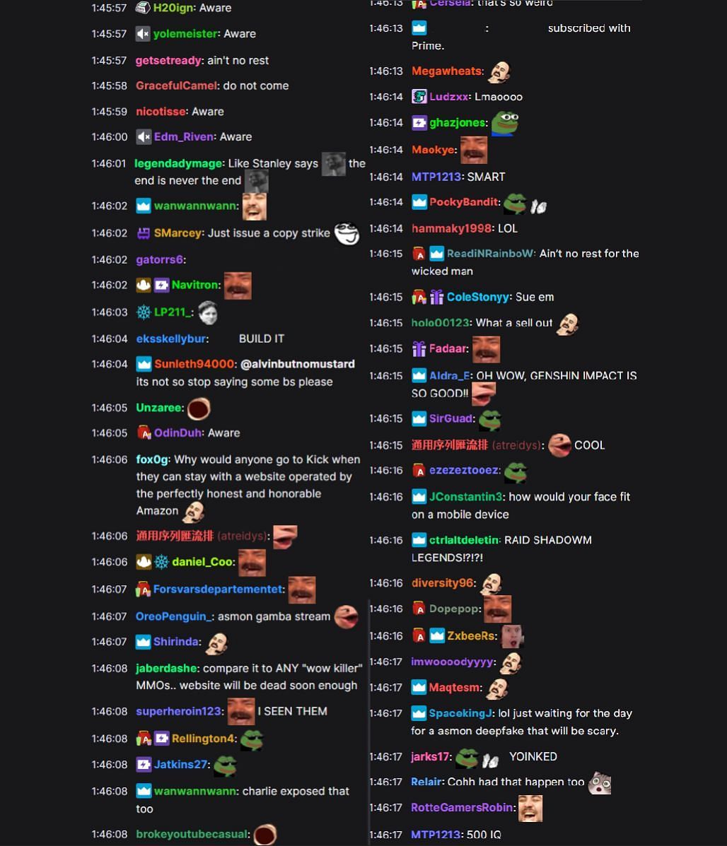 Twitch chat reacting to the streamer&#039;s response (Image via Twitch)