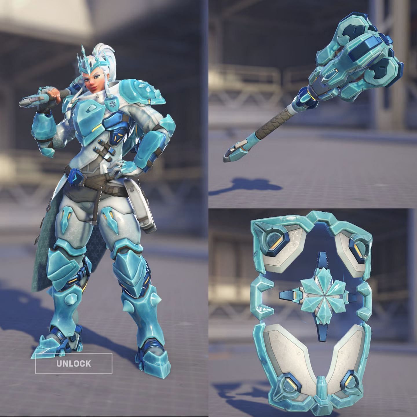 Epic Ice Queen Brigitte skin with her weapon and shield (Image via Blizzard Entertainment)