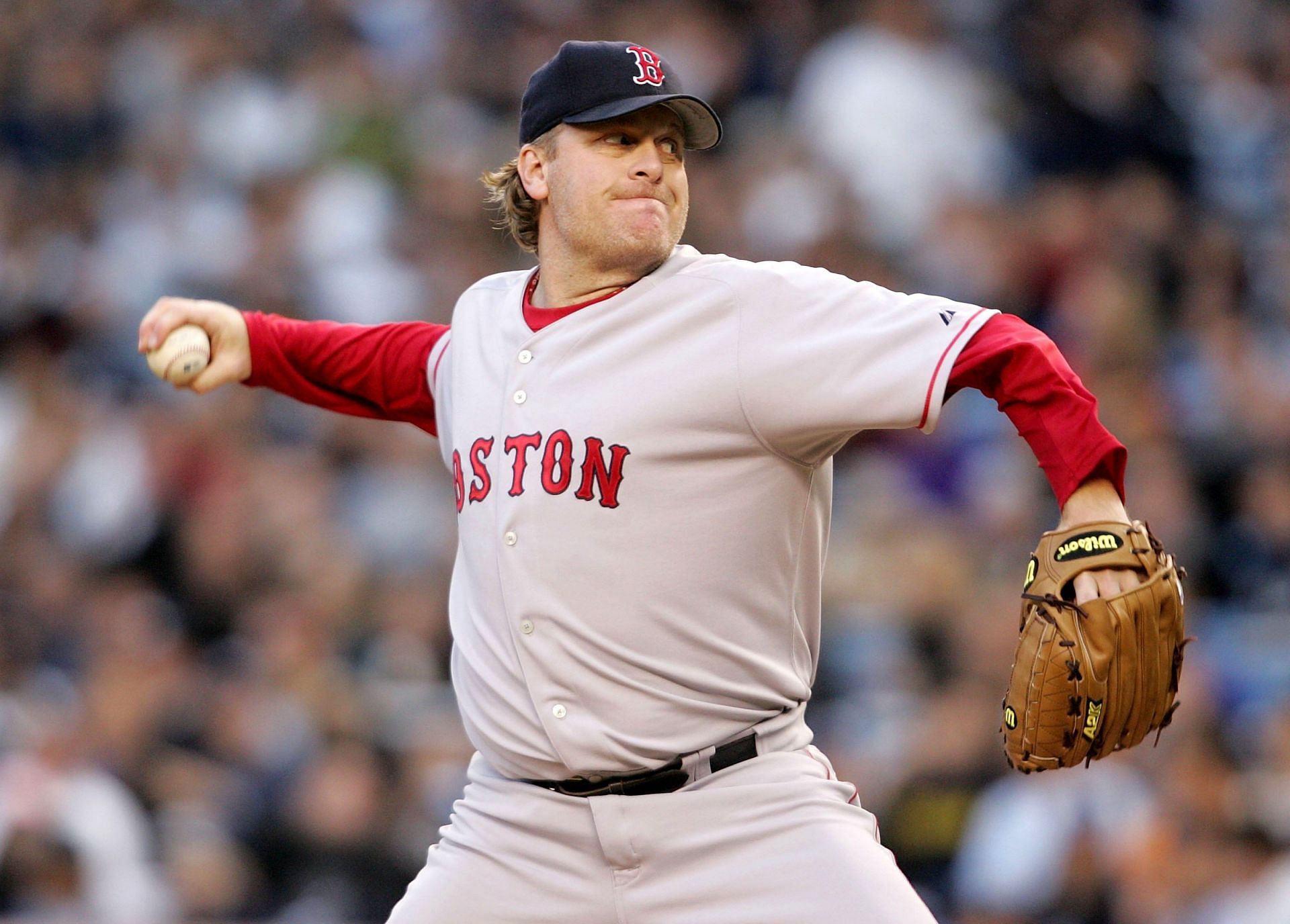 Curt Schilling (38) of the Boston Red Sox pitches against the New York Yankees on May 10, 2006, at Yankee Stadium (Photo by Nick Laham/Getty Images)