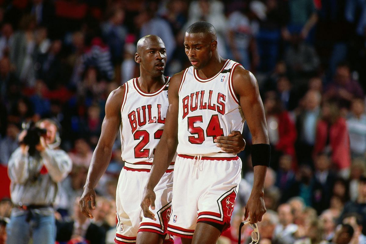 Former Chicago Bulls teammates Michael Jordan and Horace Grant